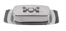 VTG Madeira Butter Dish 3-Piece Stainless Steel Cover w/Glass Insert 8.5" CHIP