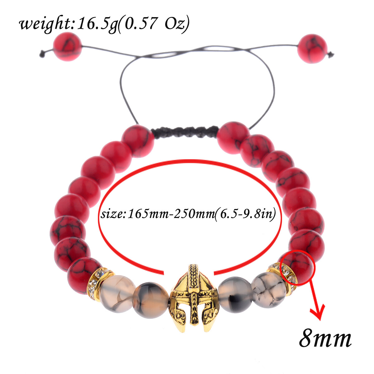 Men's Red Turquoise Agate Healing Balance Bracelet - Gold Helmet Charm, Adjustable