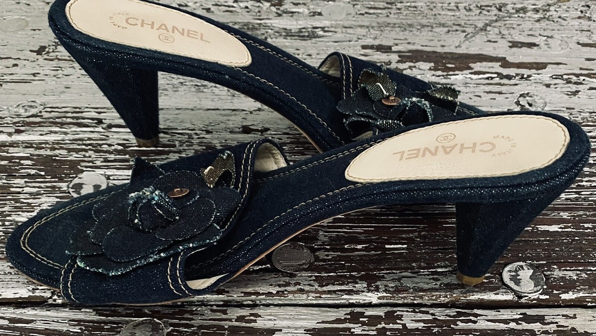 CHANEL Denim Sandal Slide Camellia Embroidered Open Toe Kitten Heels