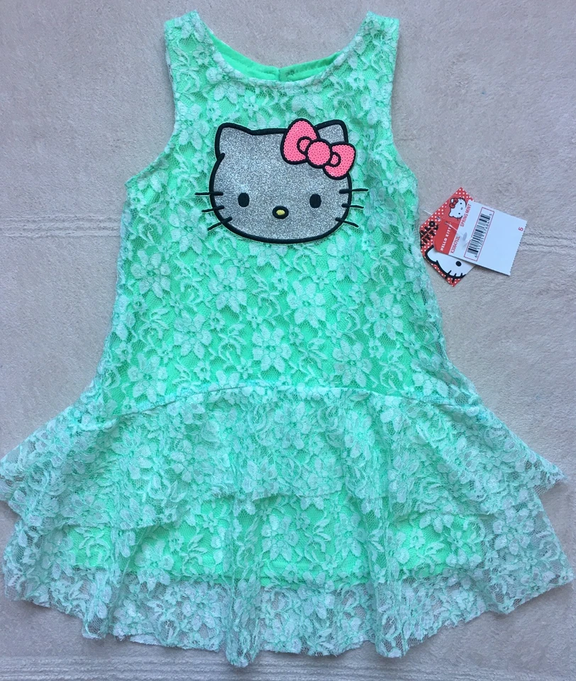 Vestido Hello Kitty Primavera Como Nuevo Sin Mangas de Encaje, Talla 5, Verde Menta, Forrado PASCUA Foto 3 de 4