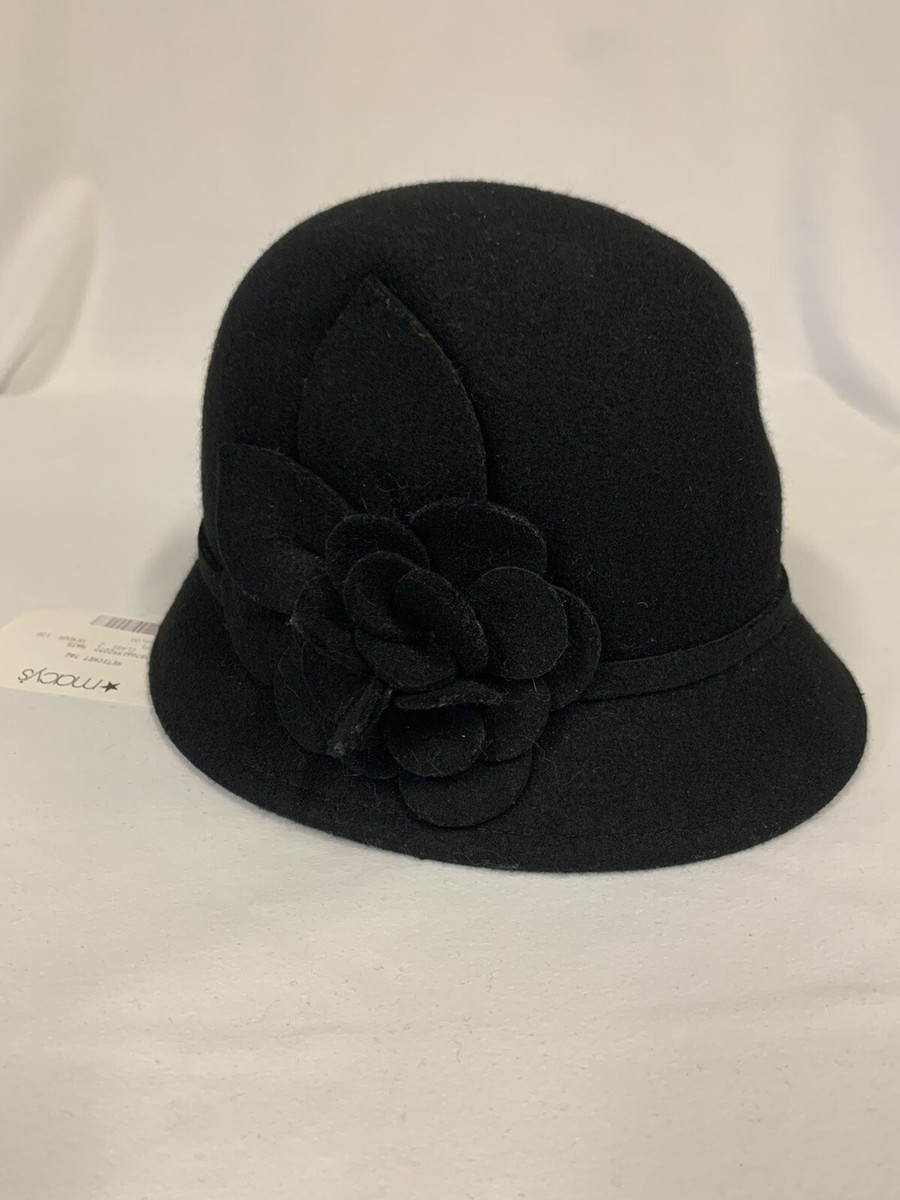 NEW Nine West Black Wool Knit Bucket Hat Women\'s Flower accent Layered One Size Bucket hat Nine West Black Wool With Flower On Side. One  main image 2