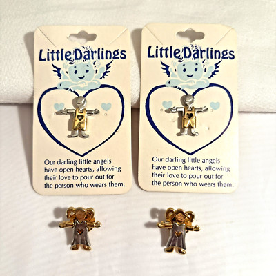 Vintage Little Darlings Angel Boy and Girl Gold Tone Heart Pin (set of 4)