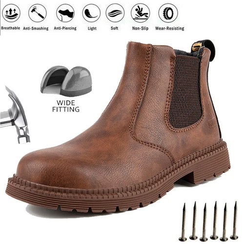 Women Men Leather Brown Safety Boots Work Shoes Steel Toe SlipOn Water Resistant - Bild 1 von 31