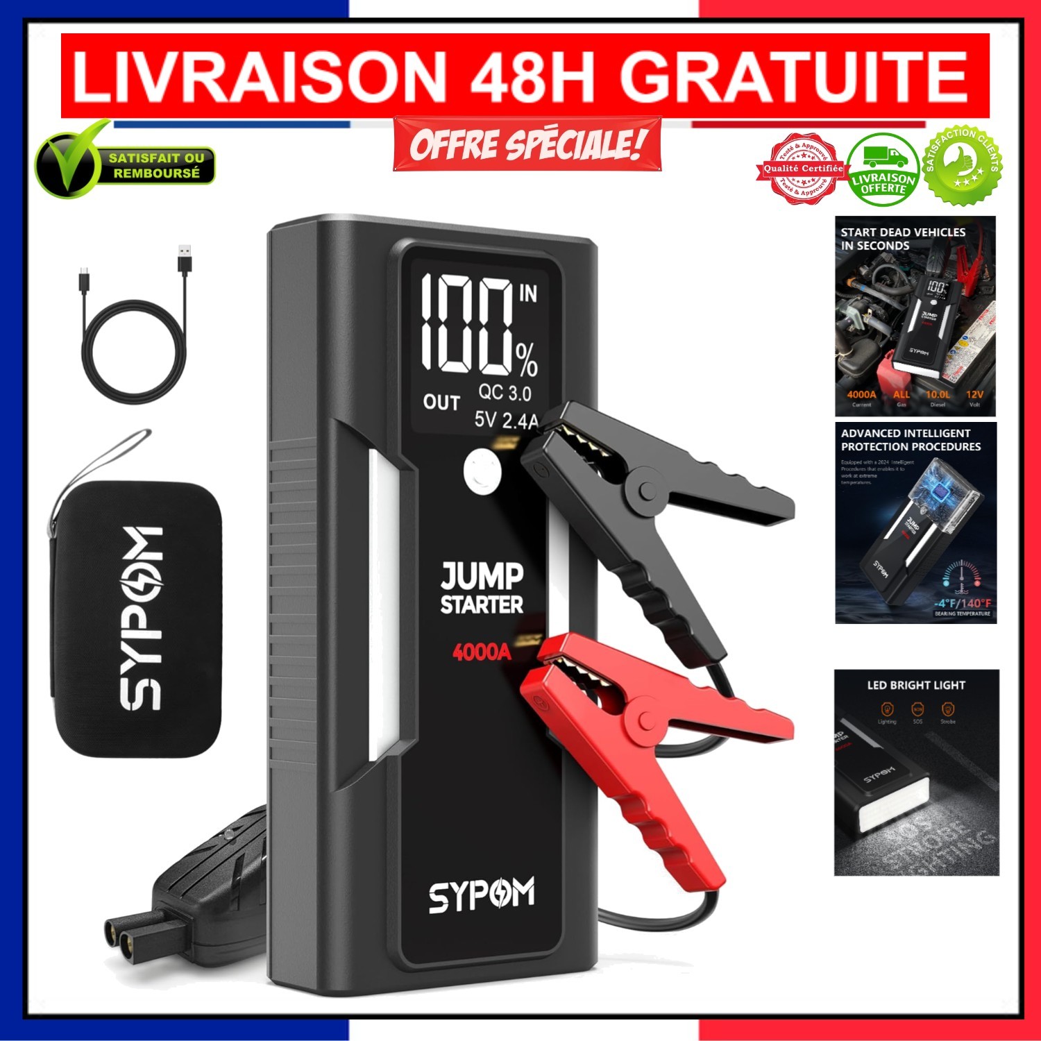 Démarreur 4000A pour redémarrer une voiture essence ou diesel en hiver