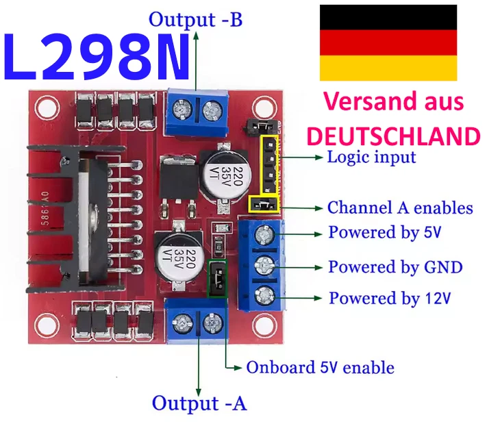 L298N Dual H-Brücken Motor-Treiber-Modul 5V–35V, bis 2A pro Kanal Arduino Raspi