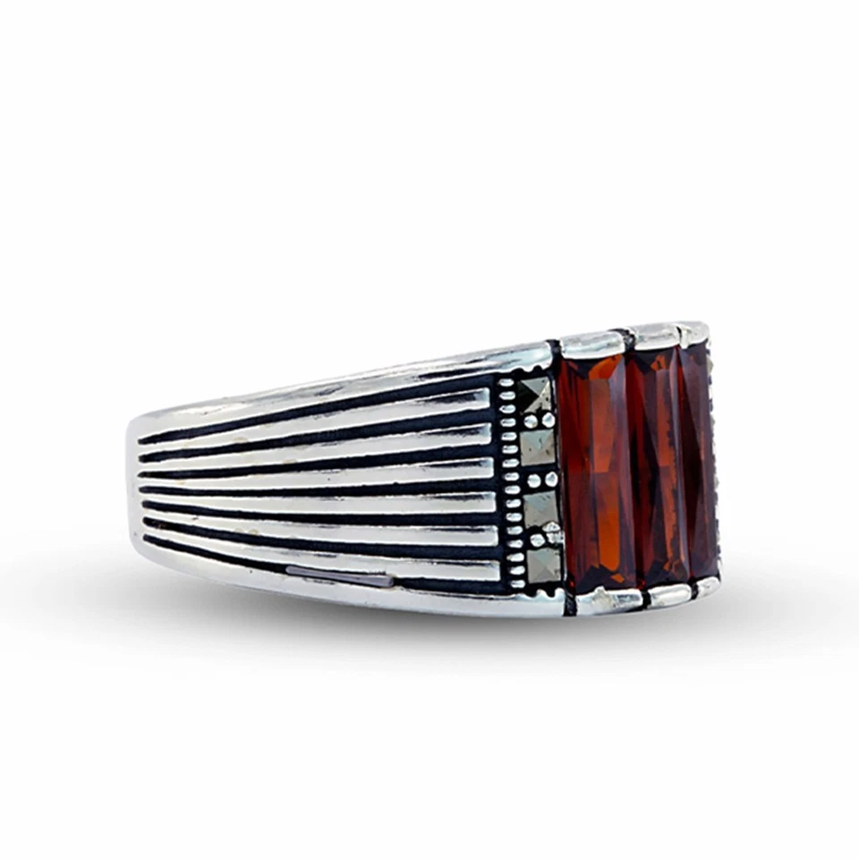 Anel masculino de prata esterlina 925 pedra preciosa granada vermelha natural - Imagem 3 de 4