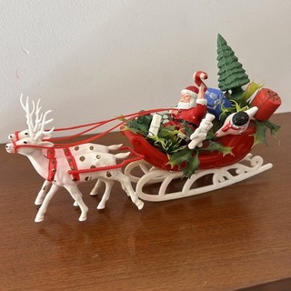 Vintage 60's Plastic Santa in His Red Sleigh With 2 Reindeer Christmas decor