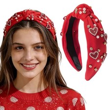 Valentines Day Headband, Rhinestone Beaded Heart Headbands Red Cute Holiday-3
