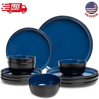 Unbreakable Melamine Dinnerware Set for 4, 12 Pcs Black & Blue Outdoor Dishes
