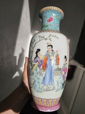 30cm Vintage Chinese Porcelain Famille Rose Vase -Dream of the Red Chambe