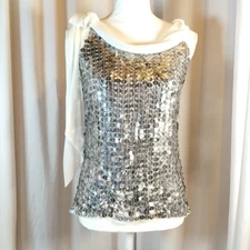 St. John SoCa womens 2 Petite blouse silver sequins tie neck sleeveless side zip