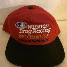 NHRA WINSTON DRAG RACING 1997 SLICK 50 NATIONALS SNAP-BACK CAP RED&BLACK UNUSED
