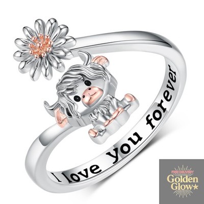 Highland Cow Ring 925 Sterling Silver Adjustable Cute Cow Open Rings with Daisy