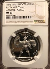 1896 Aargau-Aarau Switzerland 33mm WM Swiss Shooting Medal R-17b, NGC MS63
