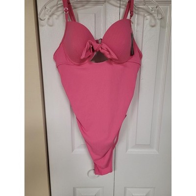 Summer Mae Swimsuit Ribbed Hot Pink Barbie Tie Front Cutout Ruched Sides Size M