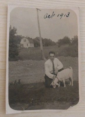 Vintage Photo Snapshot 1913 EUGENE W. SMITH Petting A Goat Farm House  Elgin  IL