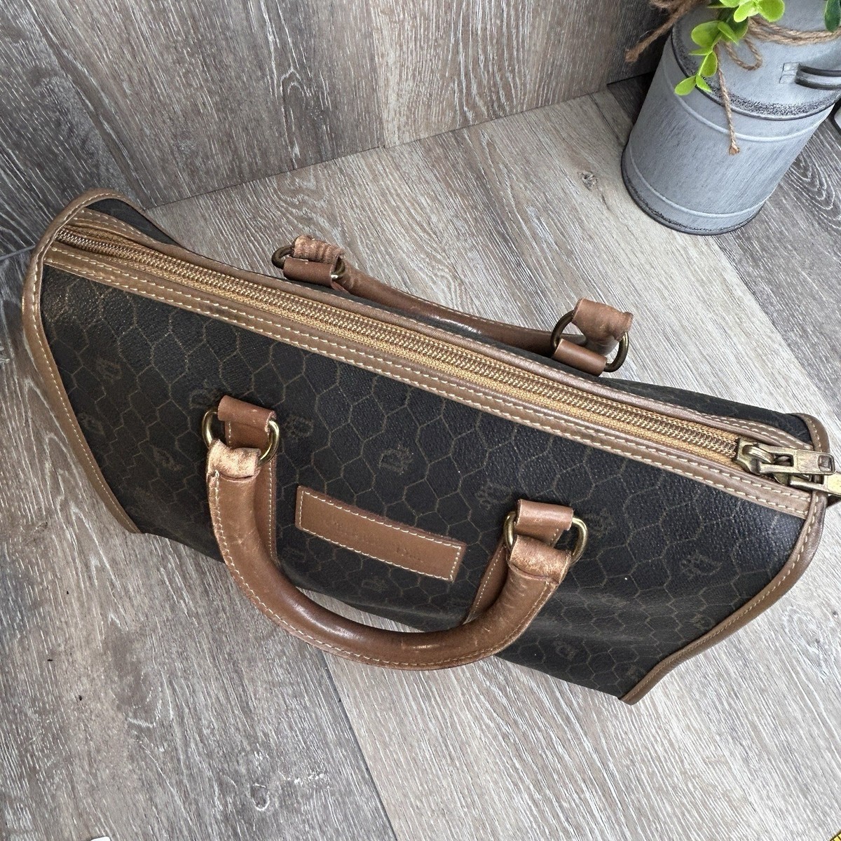 Christian Dior Vintage Boston Bag Honeycomb Brown Leather Satchel