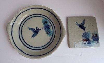 VTG. Handmade Hummingbird Glazed Ceramic Dish & Matching Trivet, Unsigned