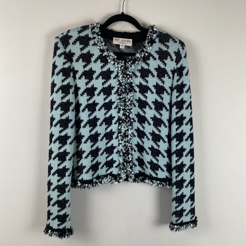 St John Collection Houndstooth Cardigan Jacket Size 10 Blue Black Santana Knit