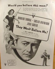 1947 Robert Young Susan Hayward Jane Greer They Won't Believe Me! Movie Print Ad