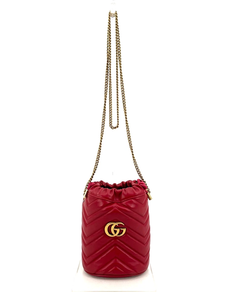 GUCCI Drawstring Chain Bag Marmont Red Leather Mini Shoulder Purse Authentic - Image 3 of 4