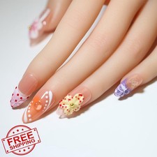 10 Almond Floral Pearl Press On Nails S Reusable Daily Party