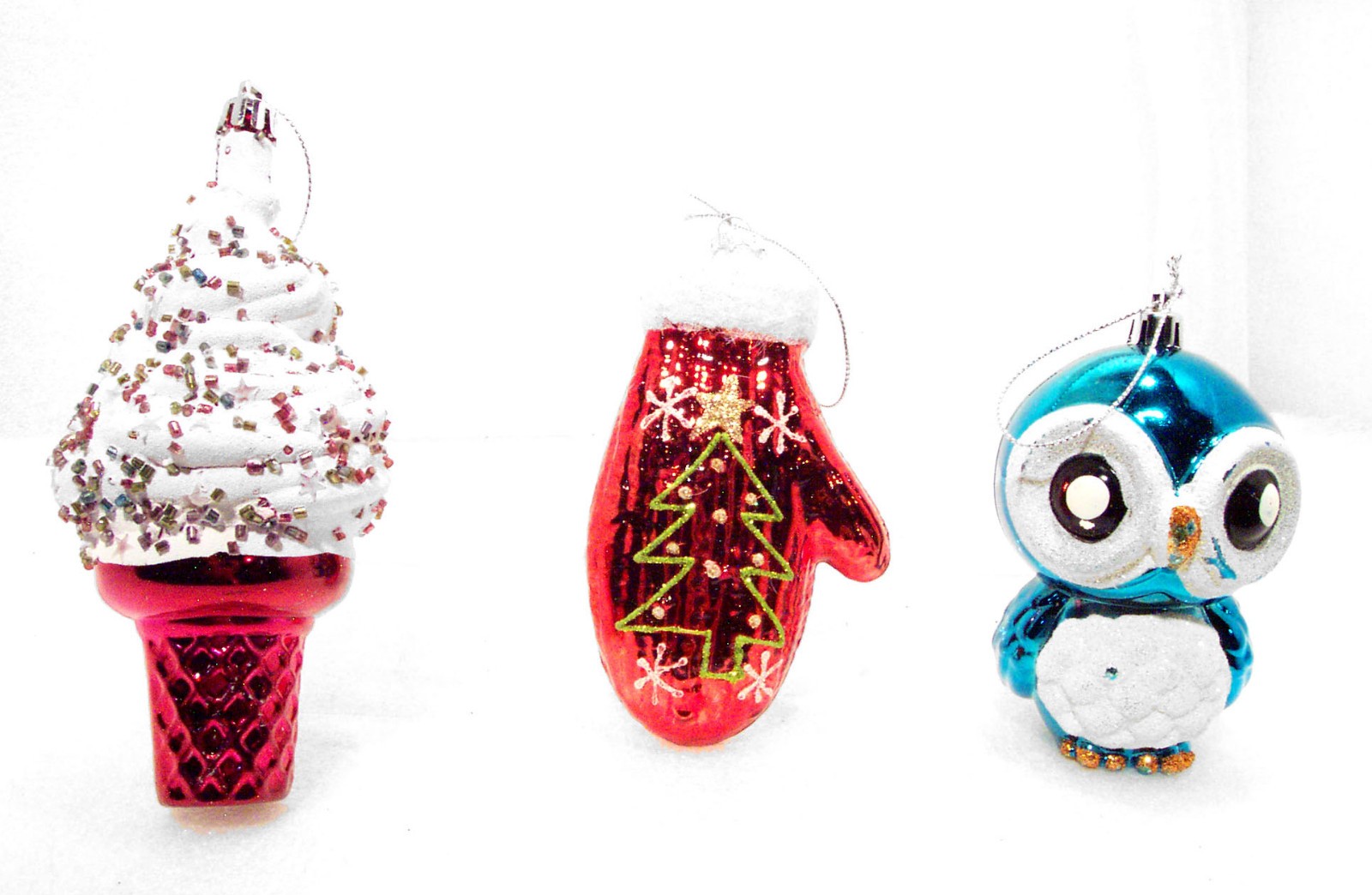 Lot 3 Glass Blown Ornaments Mitten, Ice Cream Cone, Blue Owl Christmas – As Is