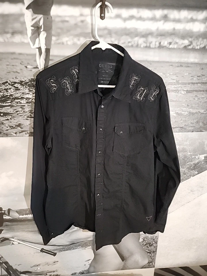 Camisa con botones Guess para hombre Western Pearl manga larga a presión negra - MEDIANA