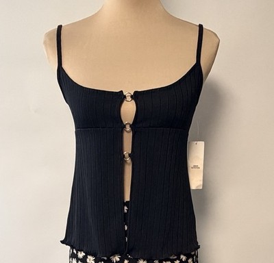 NWT Top Y2K Black ribbed Rings Holes Cami Tank spaghetti strap Medium Edgy Goth