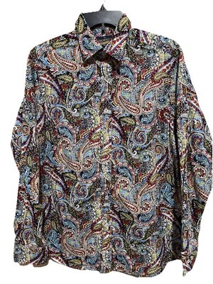Cremieux Premium Denim Shirt Men s Medium Paisley Long Sleeve Slim Stretch
