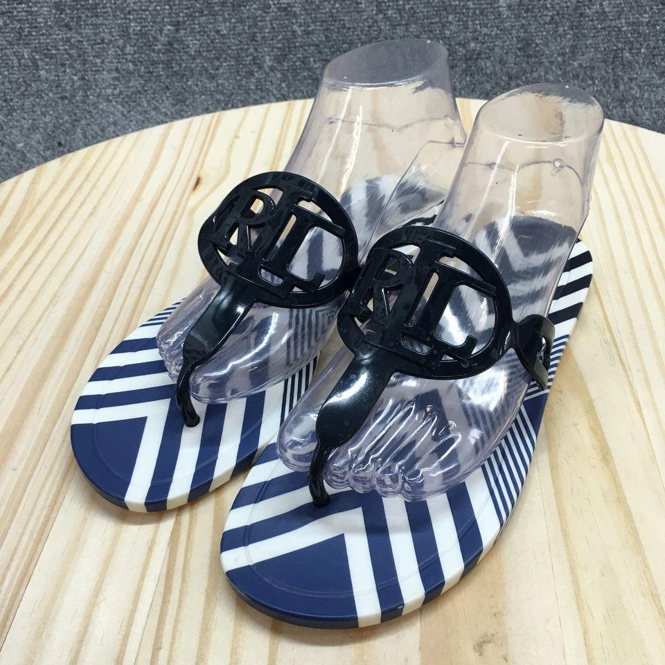 Sandalias planas informales Lauren Ralph Lauren para mujer 8R Audrie tanga azules a rayas NUEVAS Foto 3 de 4