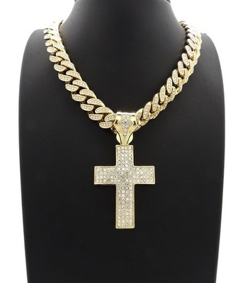 HOLY CROSS PENDANT GOLD DIMOND CUBAN LINK CHAIN NECKLACE HIP HOP RAPPER ICED cz