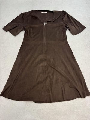 Mango Casual Dress Women's 8 Brown Faux Suede Zip Front Short Sleeve A-Line