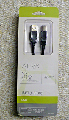 Ativa USB 2.0 A/B Data Cable 16' Black For Hi-Speed USB Devices Item 828-645