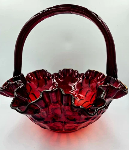 Vintage Fenton Ruby Red Basket Ruffle Amberina Thumbprint Glass 8"H Unmarked