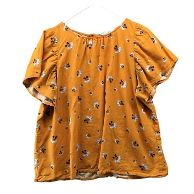 LOFT Linen Blend Blouse Womens L Mustard Yellow Floral Short Sleeve Flutter
