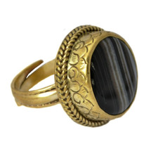 Black Agate Brass Ring 8-10 Nepalese Ethnic Tribal Handmade Nepal RG189