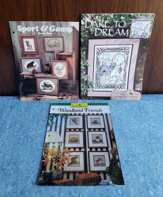 3 PATTERNS Cross Stitch WOODLAND FRIENDS~DARE TO DREAM #3123~SPORT & GAME #413