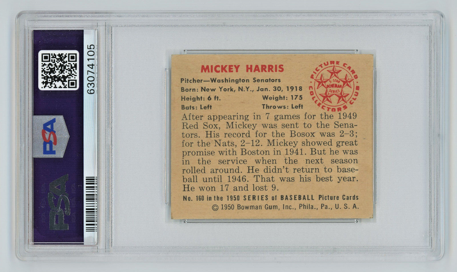 1950 Bowman #160 Mickey Harris PSA 5 Washington Senators Vintage Baseball Card view 3