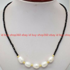 Faceted 3mm Black Spinel Round Gems Beads White Pearl Pendant Necklace 18inch