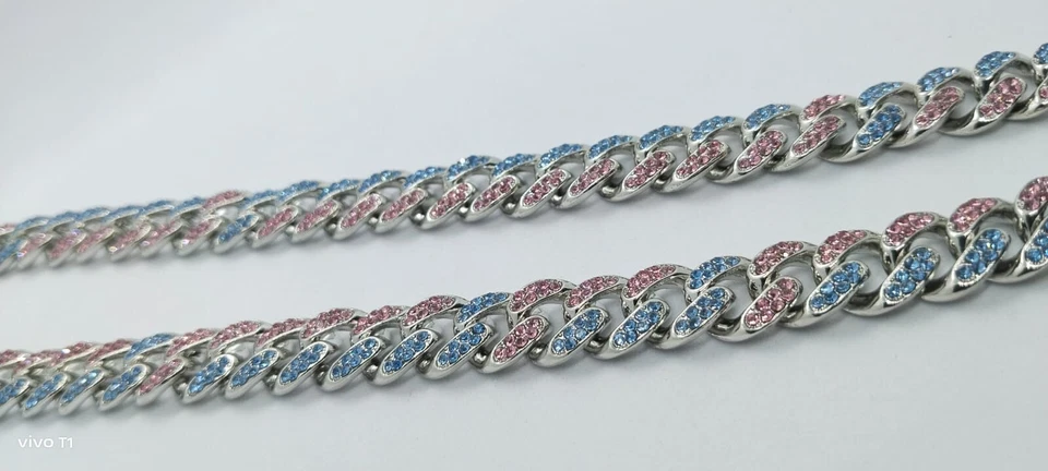 Collar de cadena cubana Miami de acero inoxidable de 10 mm para hombre 18" zafiro azul y rosa Foto 2 de 4