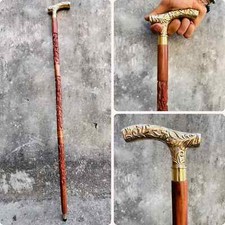 Antique Hand Carved Wooden Walking Stick Cane Solid Brass Handle Vintage Gift
