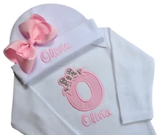 Pink & Gray Dot  Embroidered Initial Bodysuit and Matching Grosgrain Bow Hat