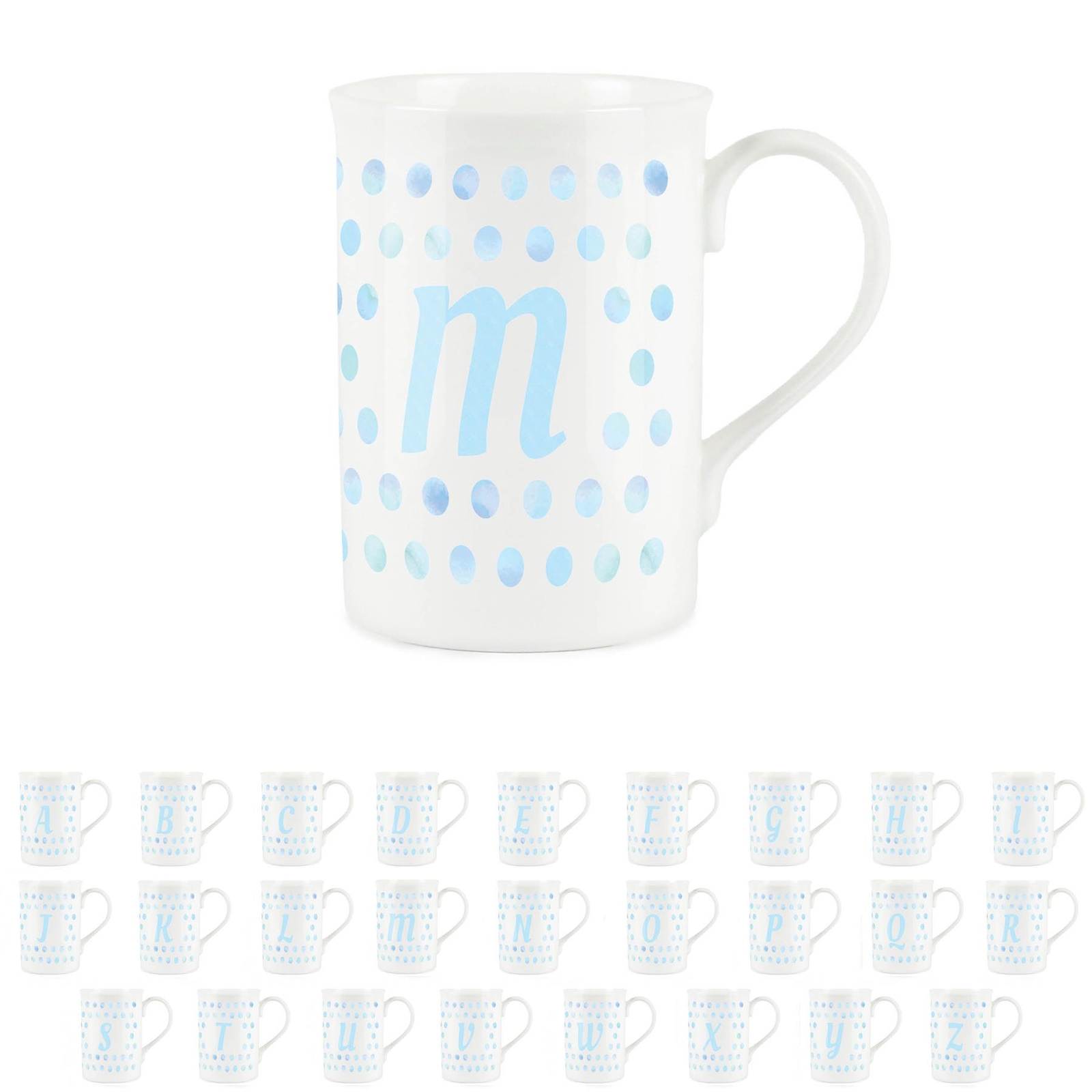 Bone China Letter Mug - Aqua Polka Dots Spotty Personalised Letter M Mug