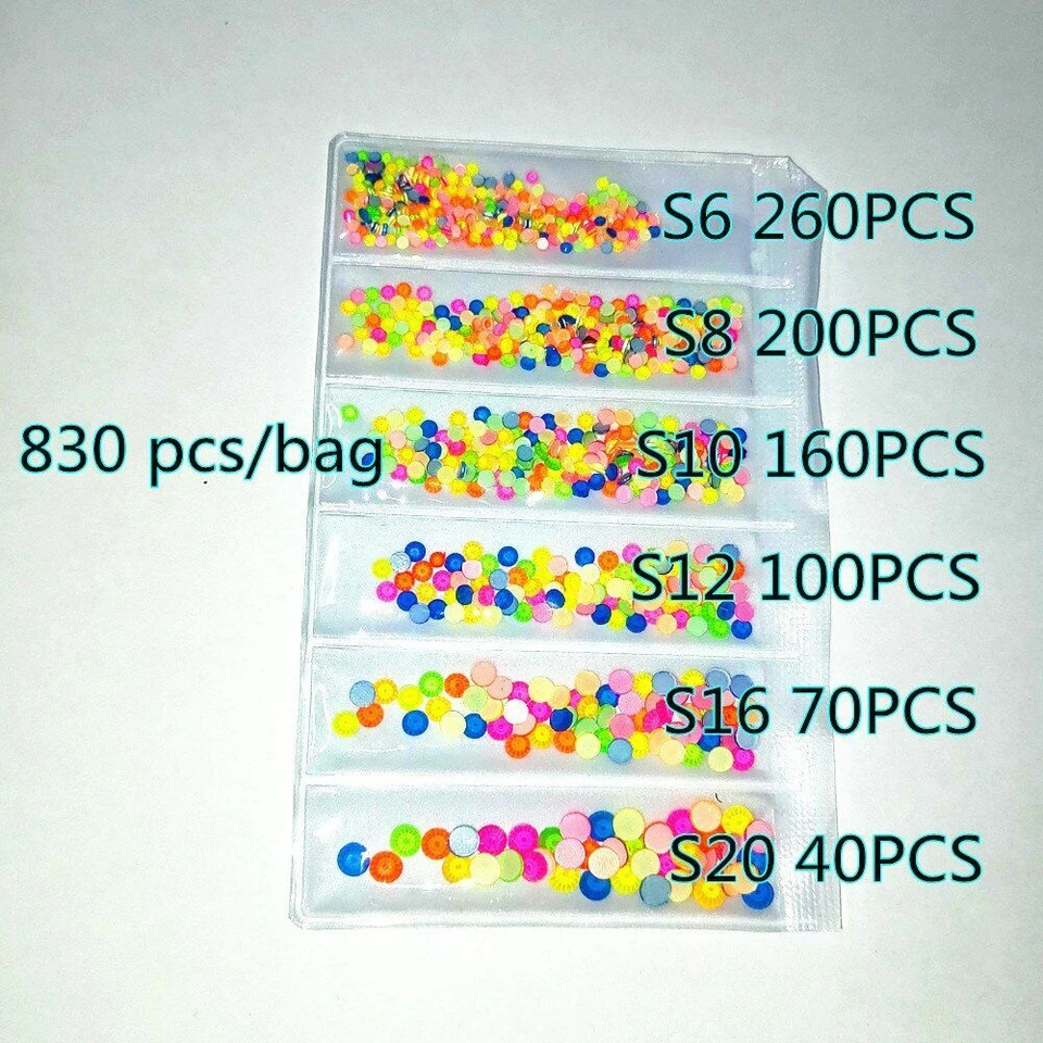 830pcs Luminous Neon Flatback Crystals SS6-SS20 Glue On Fluorescent Rhinestones - Image 3 of 4