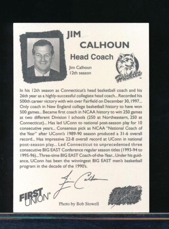 1997-98 First Union Connecticut Huskies Uconn Team Issue Jim Calhoun NM ...