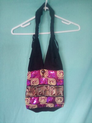 Handbag, Medium Size, Black/ Purple & Gold Sequin, Elephant, Halter Top Style 
