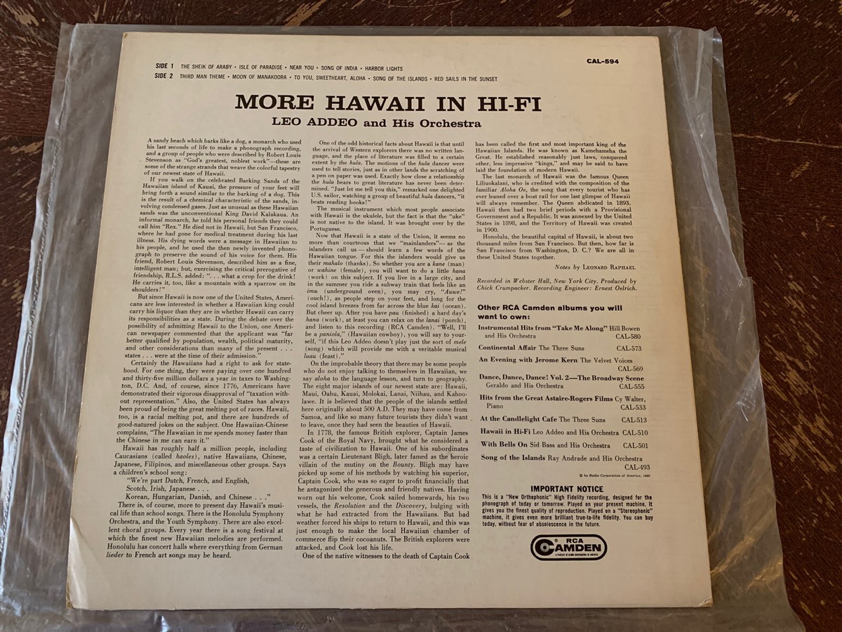 Leo Addeo And His Orchestra - More Hawaii In Hi-Fi - CAL 594 | eBay