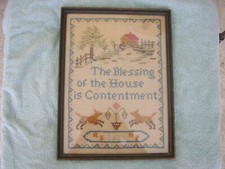 VINTAGE ORIGINAL CROSS STITCH EMBROIDERY FRAMED WITH GLASS 12 X 16  dated 1928
