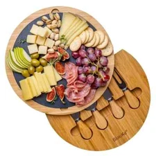 Bamboo Cheese Board with Knife Set and Slate – 12 inch Round Charcuterie  T1-D
